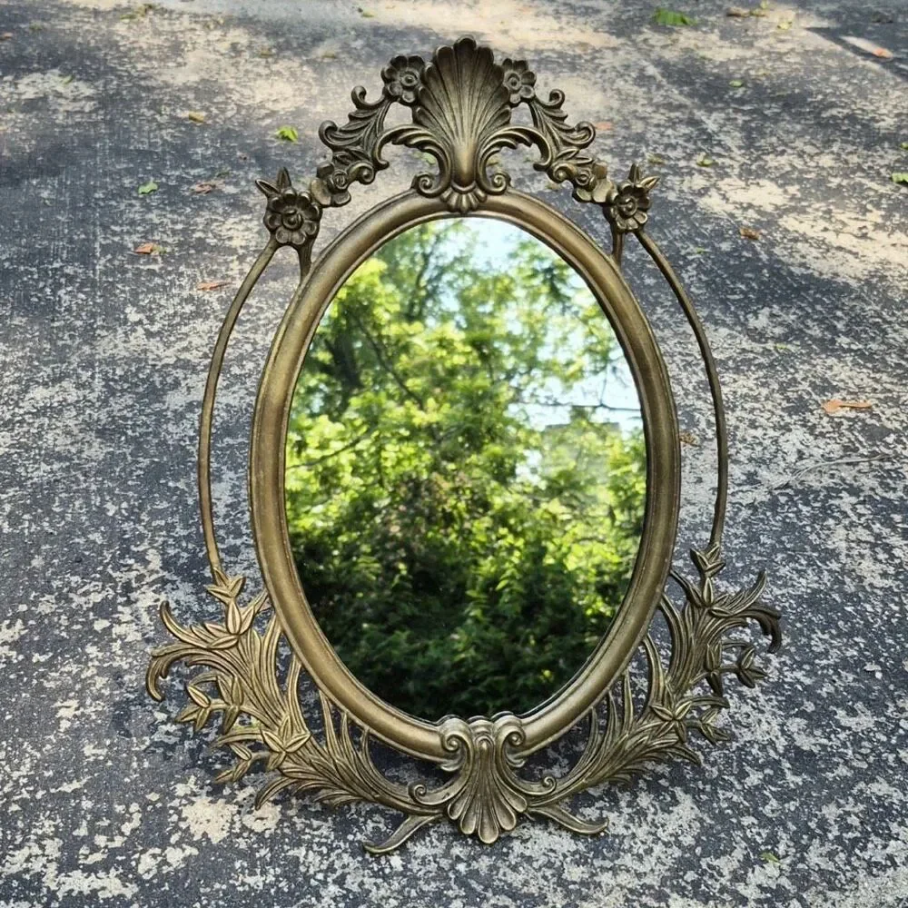 Vintage Antique Ornate Mirror With Floral And Scrollwork Design Bronze Finish